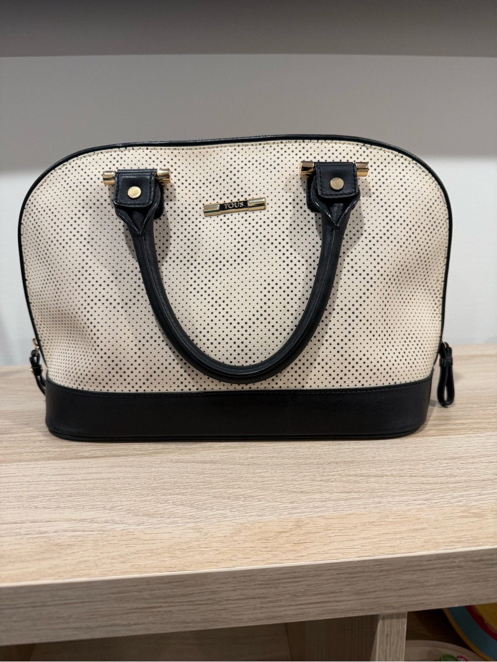 TOUS Cream and Black Perforated Dome Satchel with Black Leather Trim